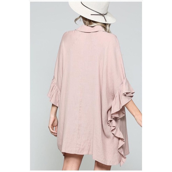 034 solid Oversized Button up Pocket Ruffle Sleeve Blouse - Picture 6 of 7